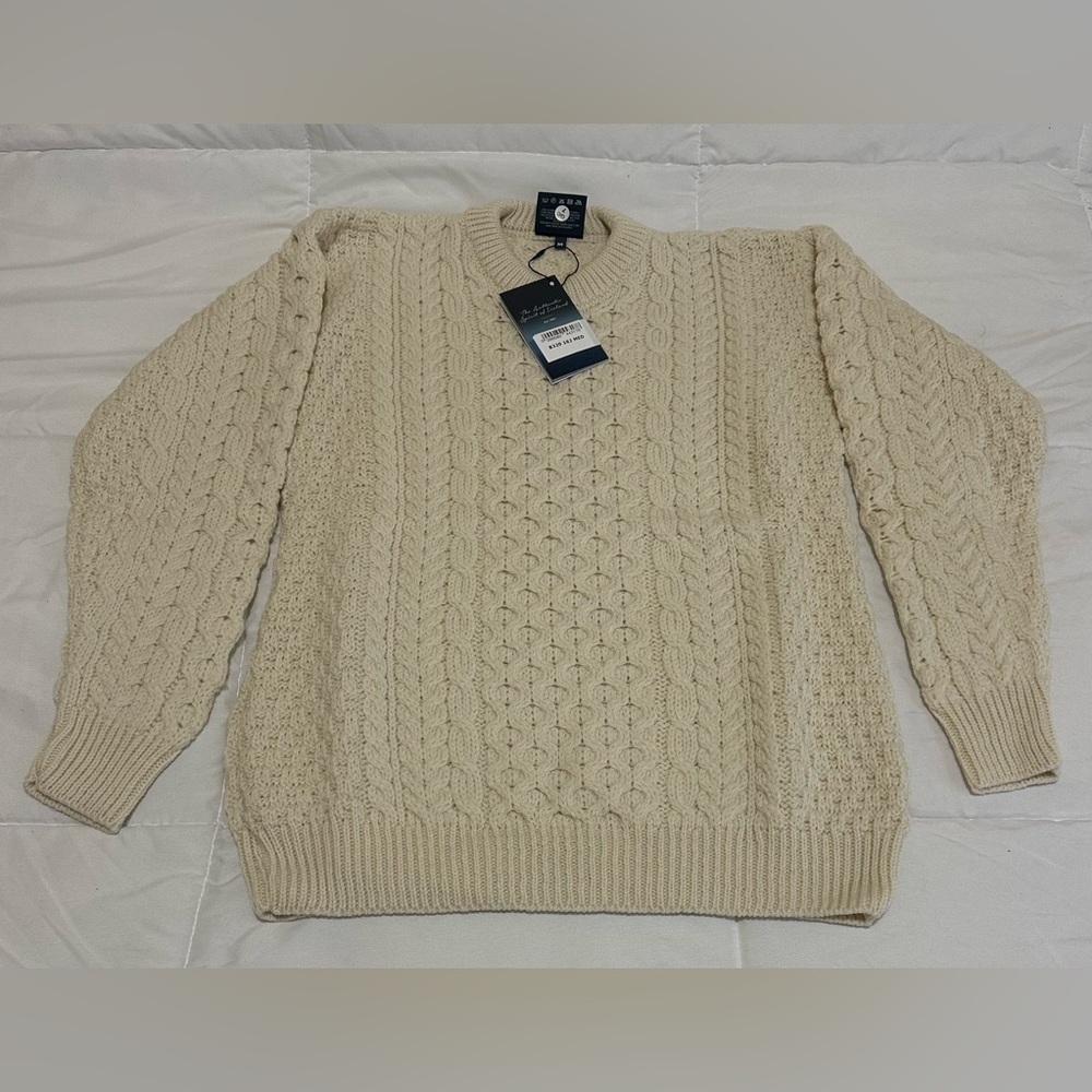 New Men's 100% Merino Wool Honeycomb Stitch Traditional Aran Sweater